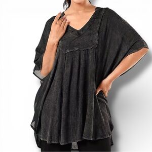 Tamsy Embroidered Lagenlook Top Black Brown Flowy Hippie Indie Boho One Size NWT